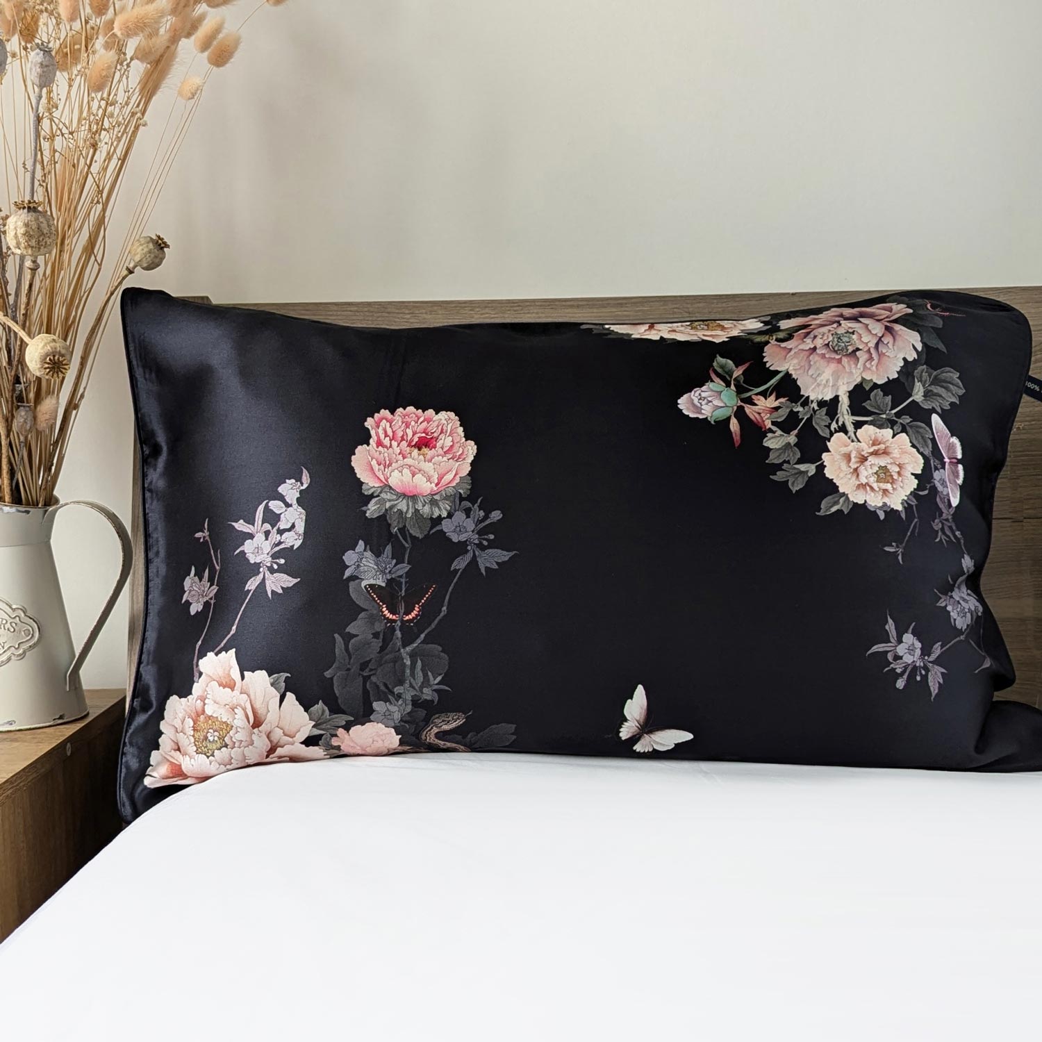 Helen Loveday Mulberry Silk Pillowcase Black Fleur Japonaise