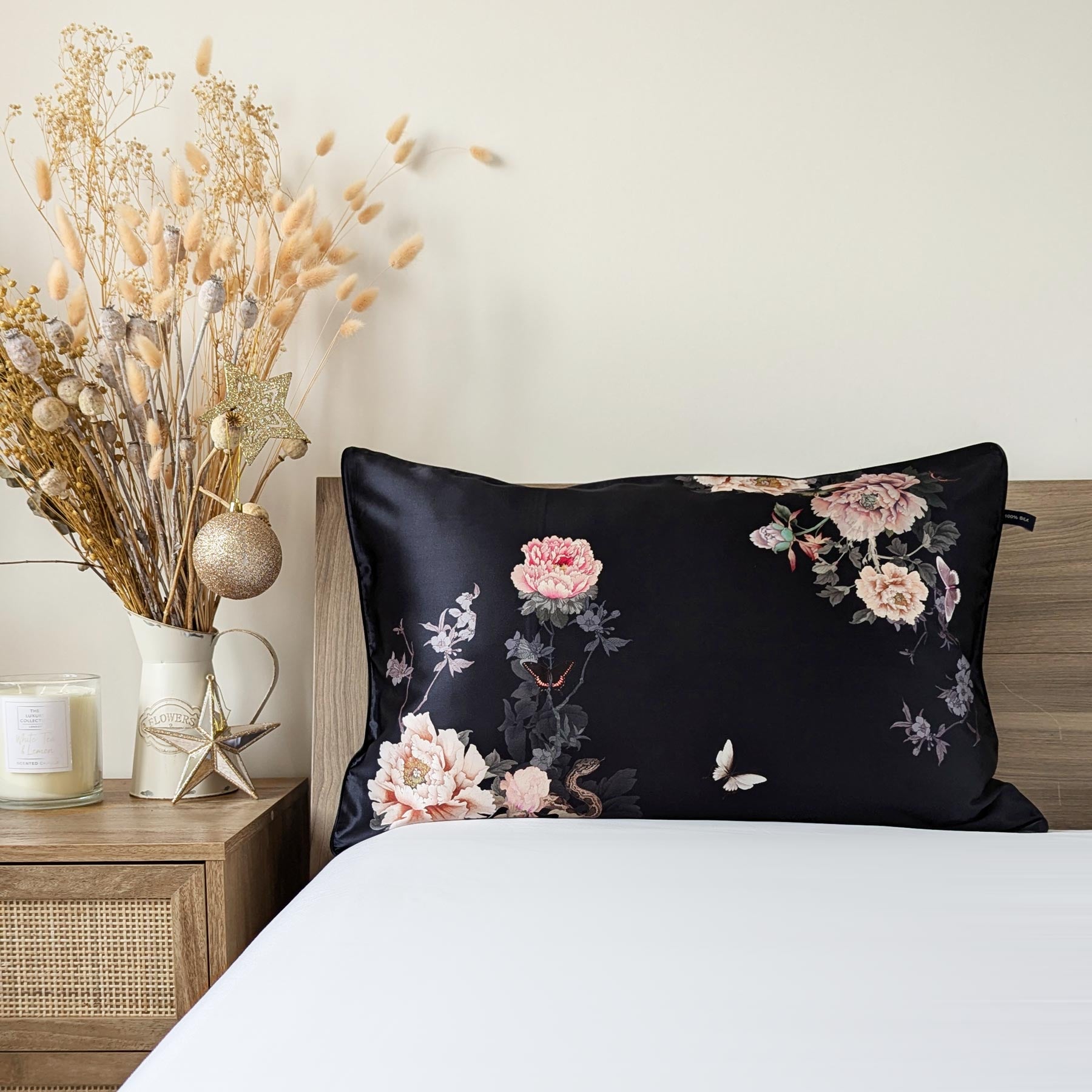 Helen Loveday Mulberry Silk Pillowcase Black Fleur Japonaise